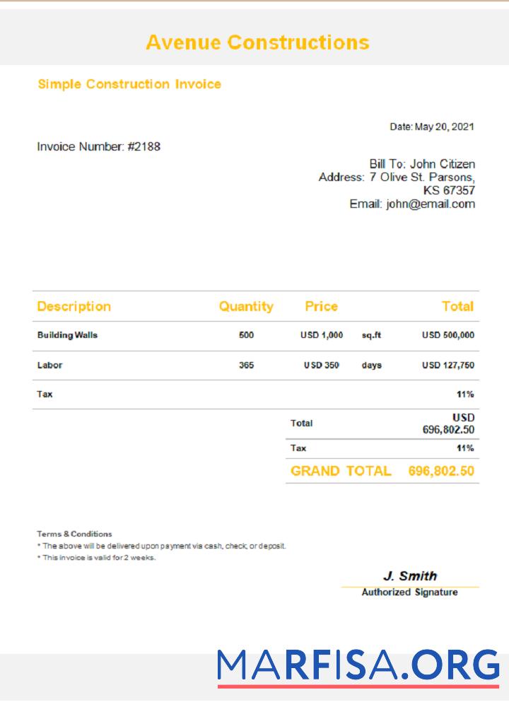 Printable USA Avenue Constructions invoice sample
